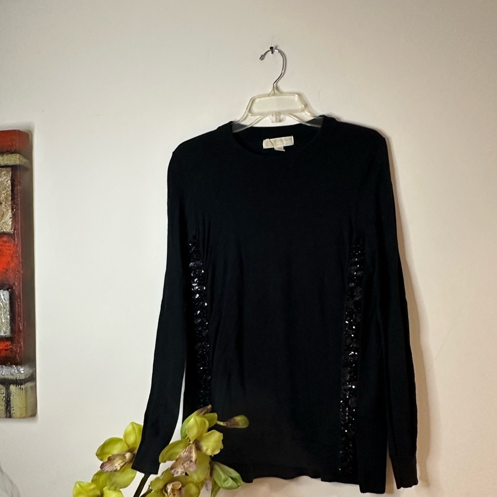 T82- MICHAEL Michael Kors Black Beaded Crew Neck Top